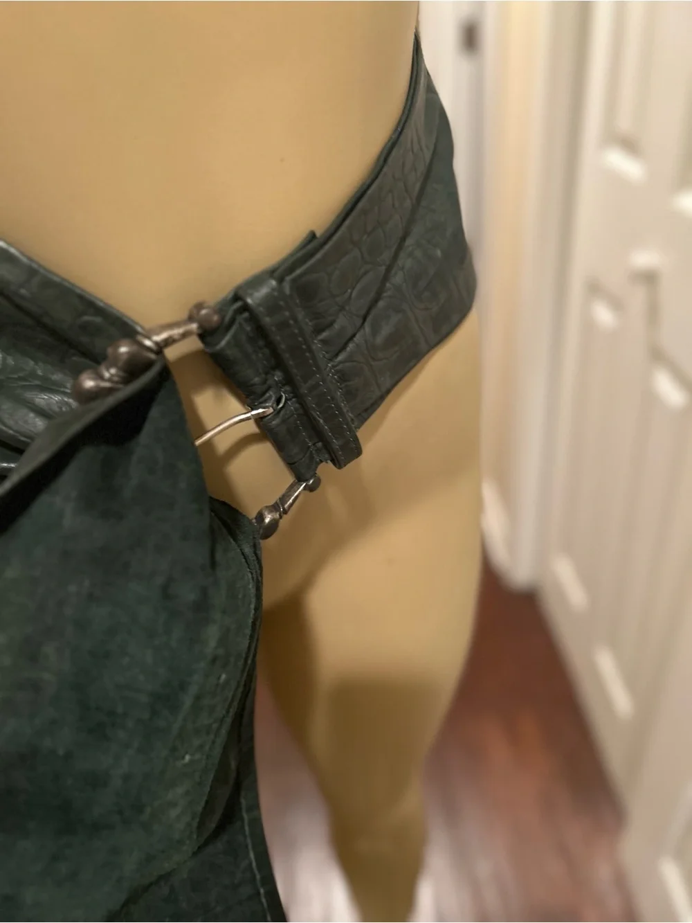 Extremely Wide vintage Green genuine Leather Waist Belt with Metal Ring Buckle